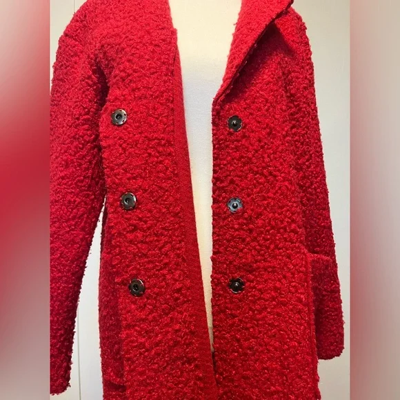 Charlie B Boucle Red Knit Jacket Coat Snap Front long sleeve stretch 60s Sz Med - Picture 10 of 16